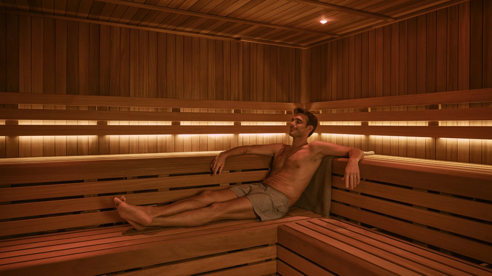 Guest relaxing in a luxury commercial sauna featuring premium timber interiors, integrated LED lighting and spacious bench seating.